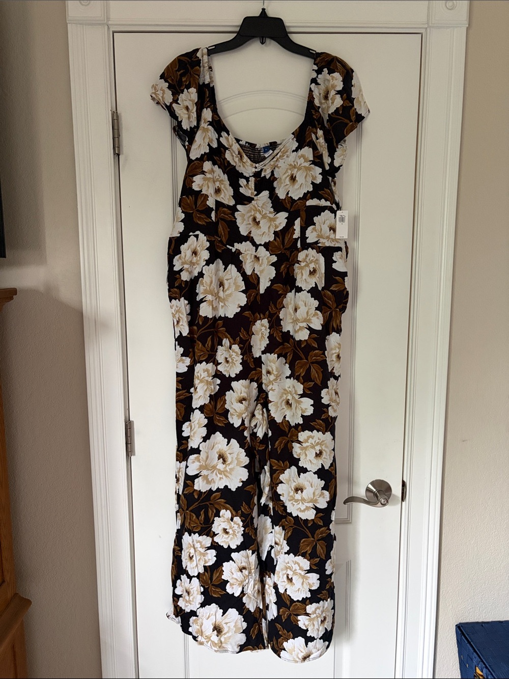 Old Navy Black Jumpsuit with White Floral and Brown Leaves